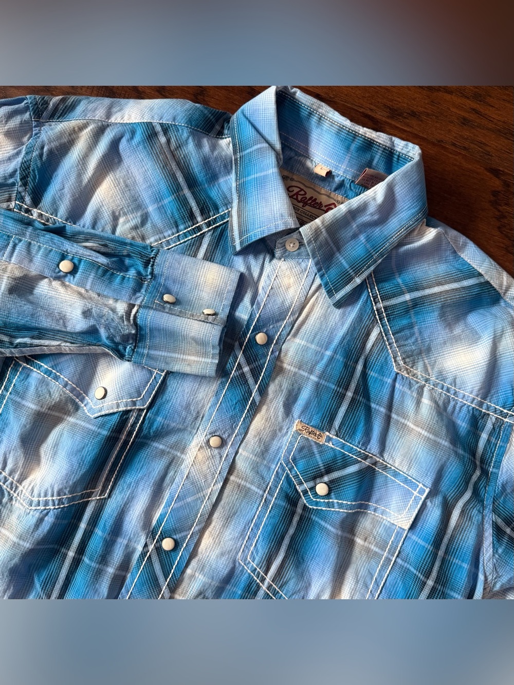 Rafter C Mens Shirt Large Pearl Snap Long Sleeve Western Cowboy Blue/White Plaid